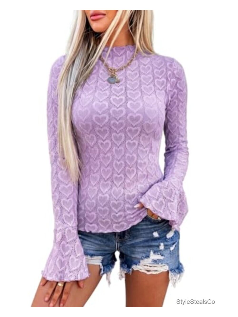 Mock Neck Bell Sleeve Pointelle Knit Blouse Sheer Layering Top
